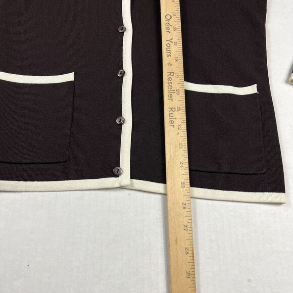 Due Per Due Veste Cardigan Sweater Brown Cream Contrast Trim Work Classic MEDIUM - Picture 6 of 9